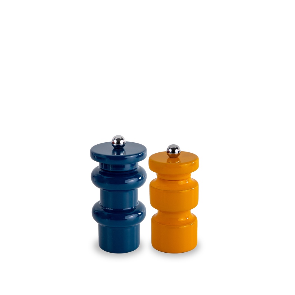 Set de moulins à poivre et à sel en bois FSC laqué. Bleu et moutarde.