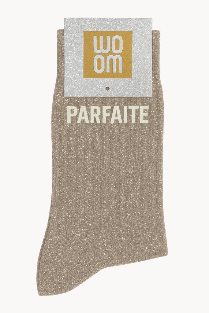 [8413-CPM-Parfaite Beige] Chaussettes à Paillettes à Message "Parfaite" - Beige