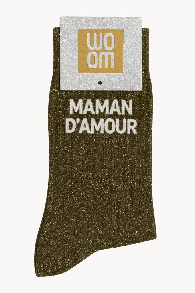 [8413-CPM-Maman d'amour Kaki] Chaussettes à Paillettes à Message "Maman d'amour" - Kaki