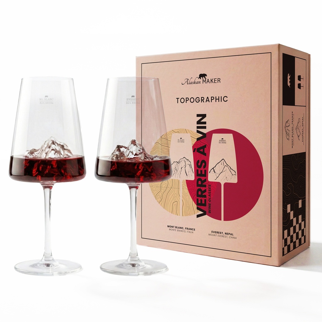 Coffret de 2 verres à vin - Mt Blanc & Everest (Montagnes : Montagne Mont Blanc Everest)