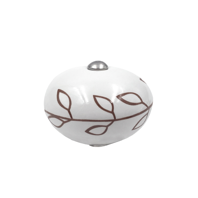 [6953-MJCP06] Poignée forme macaron cocotte céramique fleuilles rouge sur fond blanc
