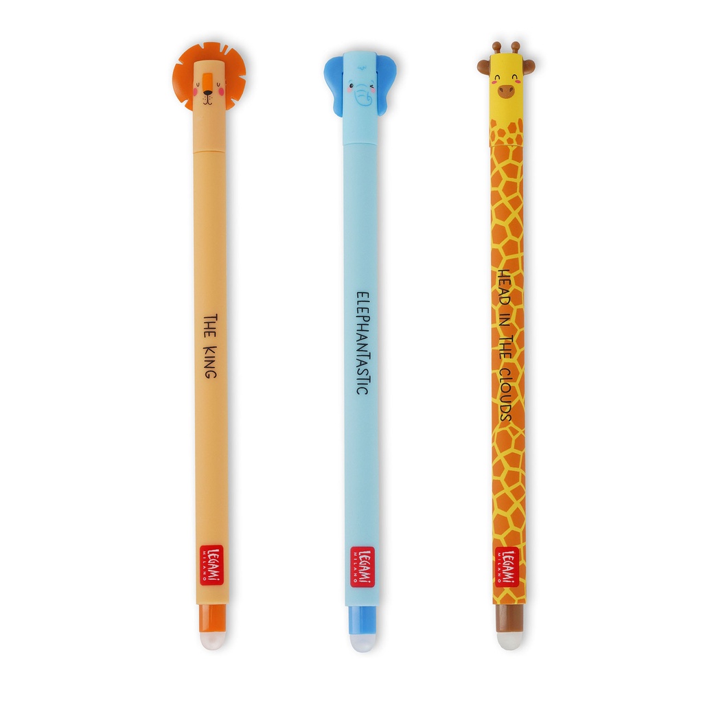 [2694-EPSET0003] Set de 3 Stylos Gel Effaçables - Savane Sauvage - Lion + Éléphant + Girafe