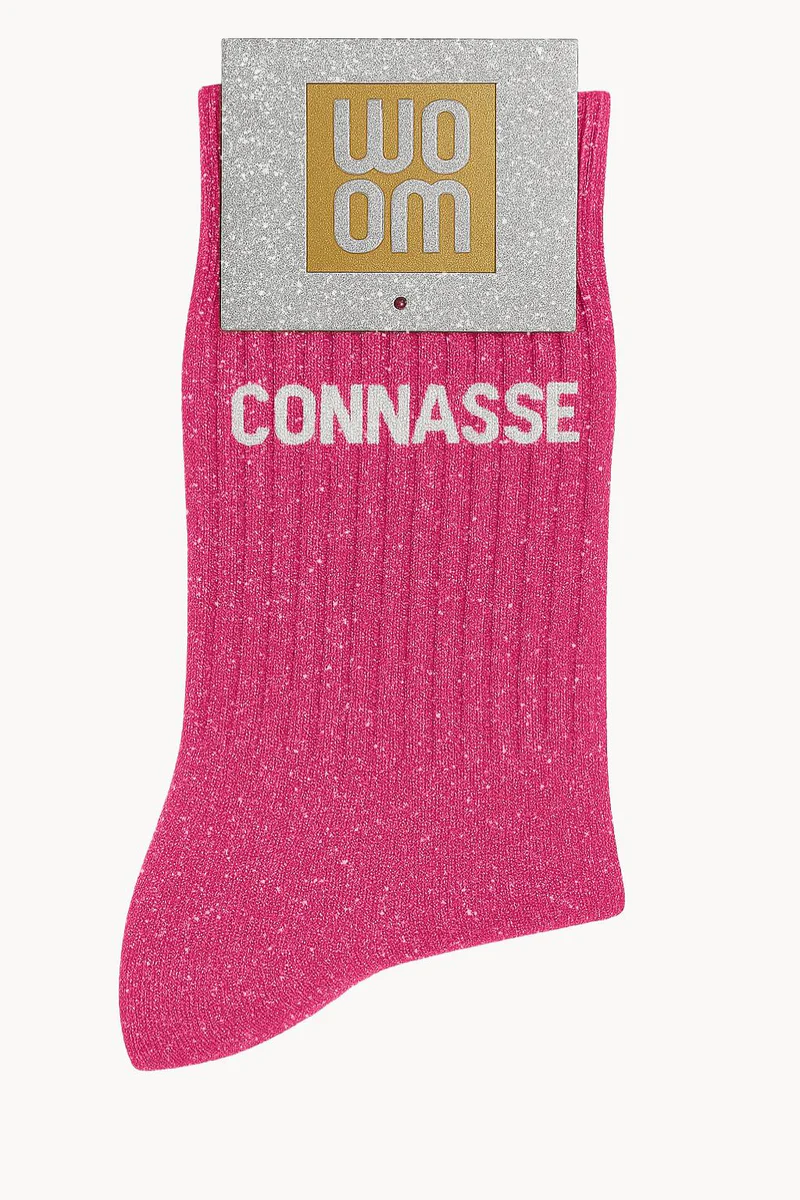 [8413-CPM-Connasse Rose] Chaussettes à Paillettes à Message "Connasse" - Rose Fuschia