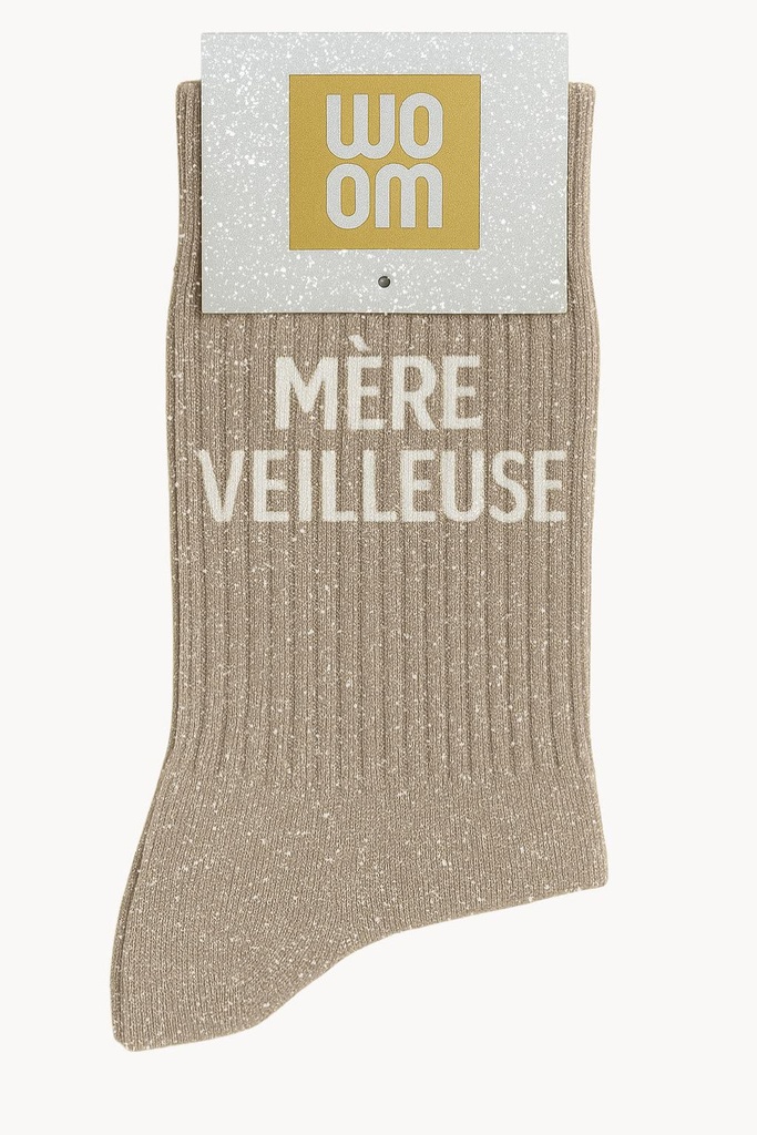 [8413-CPM-Mère Veilleuse Beige] Chaussettes à Paillettes à Message "Mère Veilleuse" - Beige