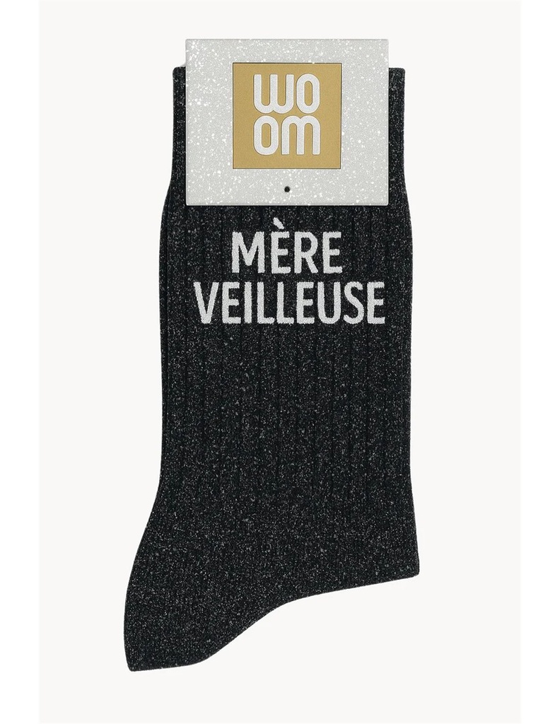 Chaussettes à Paillettes à Message "Mère Veilleuse" - Noir